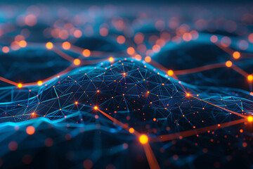 Poster - 3D rendering of glowing network connections on a dark background, with orange and blue light effects.