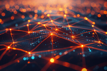 Poster - 3D rendering of glowing network connections on a dark background, with orange and blue light effects.