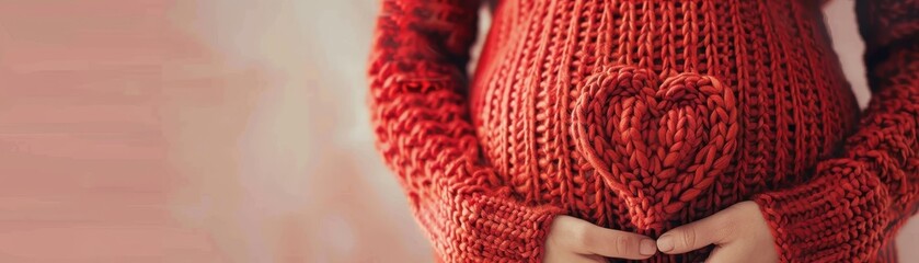 Wall Mural - A pregnant woman wearing a red sweater with a heart on her stomach. Concept of warmth and love, as the heart symbolizes the love and care that the woman is receiving during her pregnancy