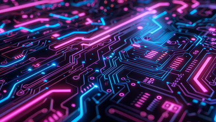 Poster - A close up of an intricate circuit board with neon lights, representing the complexity and technology behind artificial intelligence.