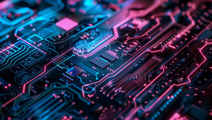 Poster - A close up of an intricate circuit board with neon lights, representing the complexity and technology behind artificial intelligence.