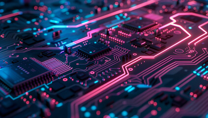 Poster - A close up of an intricate circuit board with neon lights, representing the complexity and technology behind artificial intelligence.