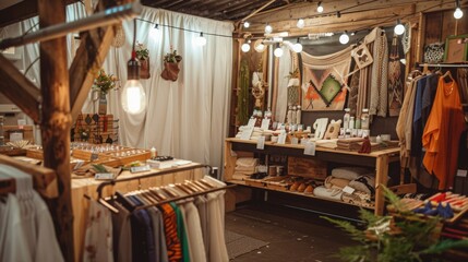 Poster - Clothing, handmade goods, and decor sold at a rustic market stall adorned with string lights, wooden beams, and white curtains.