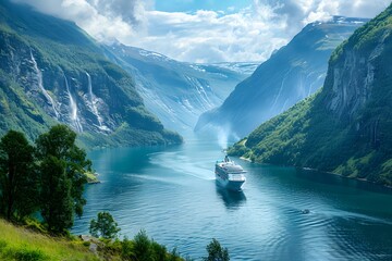 Majestic Cruise Ship Navigating Through Serene Fjord with Waterfalls and Lush Green Mountains