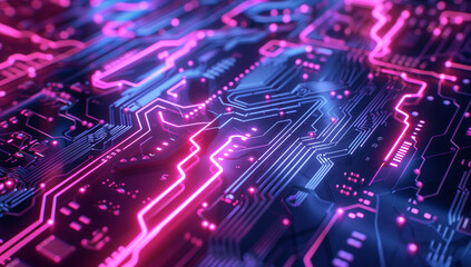Poster - a neon-lit circuit board with glowing lines and intricate patterns, symbolizing the complex technolo