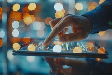 Poster - Hand Interacting with Digital Tablet Amidst Vibrant Bokeh Lights