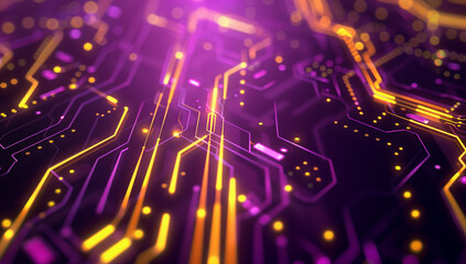 Poster - A purple and yellow background with lines of glowing neon lights in the shape of circuit boards, creating an abstract tech-inspired wallpaper.
