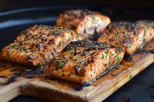 Grilled Herb-Crusted Salmon Fillets on Wooden Plank