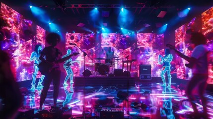 Aufkleber - A band plays on stage with holographic projections of themselves in the background. The stage is lit with colorful lights, creating a vibrant and futuristic atmosphere.