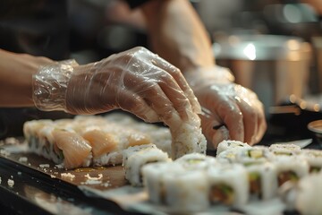 Wall Mural - Chef Preparing Fresh Sushi Rolls in a Restaurant Kitchen