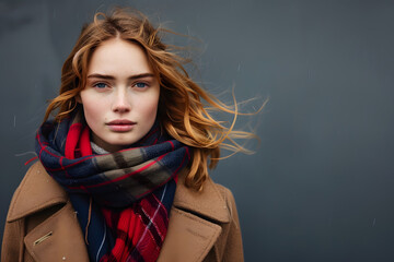 Wall Mural - A vibrant shot of a fashion model in a winter coat and scarf, with her stylish look accentuated by a solid grey background