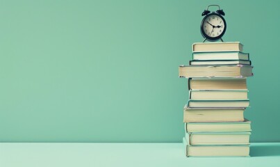 Stack of books on a light blue desk with a pastel mint green background