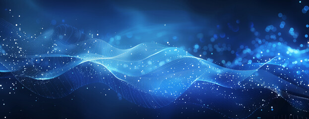 Wall Mural - Abstract blue background with glowing waves and dots for technology, science or digital design concept