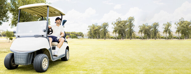 An adult in elegant clothes has fun one day on a golf course.The rich man is sitting in a golf cart. Advertising concept for golf. Promote golf tournaments.Copyspace for golf sports.