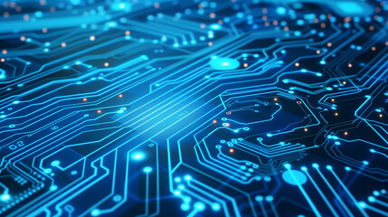 Poster - abstract blue circuit board background with glowing elements, representing technology and digital ma