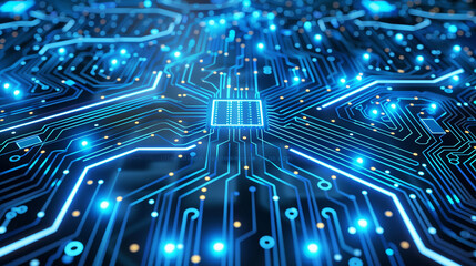 Poster - Abstract blue circuit board background with glowing elements and light effects, symbolizing technology and digital innovation.
