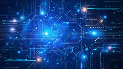 Poster - Abstract blue circuit board background with glowing elements, representing technology and digital marketing in the world of artificial intelligence.