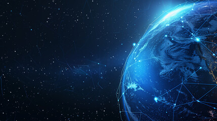 Wall Mural - Abstract blue planet Earth with glowing light connection lines on a dark background, representing a global network and connectivity concept.