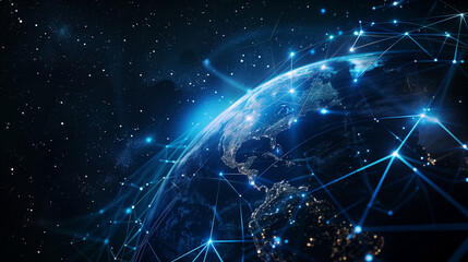 Wall Mural - abstract blue planet earth with glowing light connection lines on a dark background, representing a 