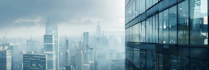 Poster - Tall buildings with glass windows reflecting a vibrant sunset over the city. Ideal for business, architecture, and urban themes