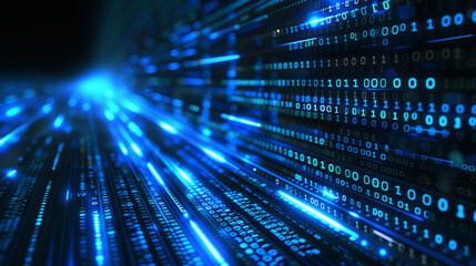 Poster - abstract digital background with blue binary code and light streaks on black, representing data flow