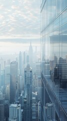 Poster - Cityscape view with glass buildings reflecting the skyline and cloudy sky. Ideal for business, architecture, and urban planning concepts