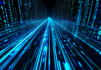 Poster - Abstract digital background with blue binary code and light streaks on black, representing data flow in technology or cyber security concept Isolated on white background,
