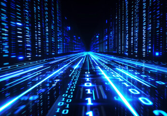 Poster - Abstract digital background with blue binary code and light streaks on black, representing data flow in technology or cyber security concept Isolated on white background,