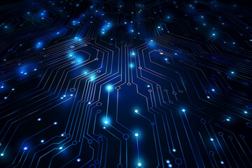 Poster - abstract digital background with circuit board lines and glowing dots on dark blue backdrop, ai tech
