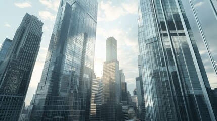 Poster - Glass skyscrapers reflecting a misty cityscape. Perfect for business, finance, and urban environment themes