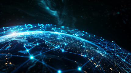 Wall Mural - abstract blue planet earth with glowing light connection lines on a dark background, representing a 