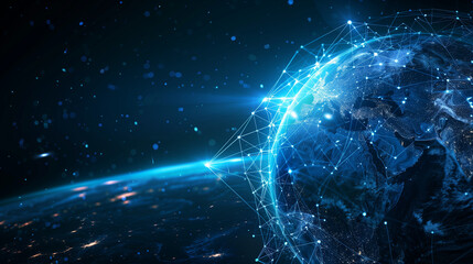 Wall Mural - abstract blue planet earth with glowing light connection lines on a dark background, representing a 