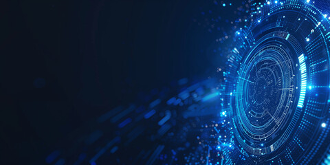 Poster - Abstract futuristic background with glowing circles and digital elements on a blue background.