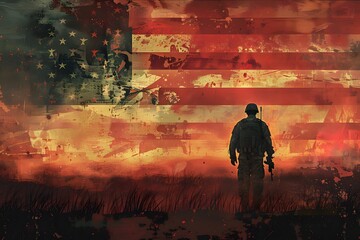 Soldier Silhouette Against a Distressed American Flag