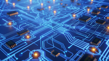 Poster - Blue circuit background, dark blue and light cyan styles, high-tech style, sci-fi theme, glowing dots, cyberpunk elements, futuristic feel.