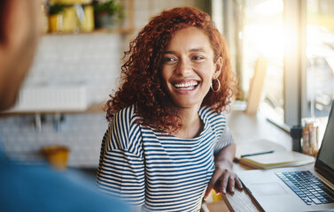 Poster - Smile, discussion and woman in coffee shop with laptop for freelance creative project. Happy, conversation and female copywriter with computer for research talking to friend at cafe in Brazil.