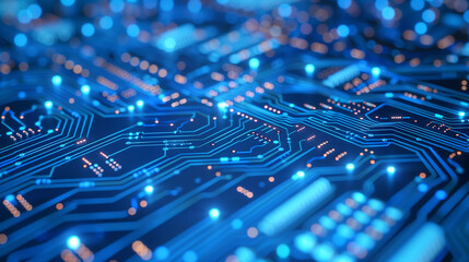 Poster - Blue circuit background, dark blue and light cyan styles, high-tech style, sci-fi theme, glowing dots, cyberpunk elements, futuristic feel.