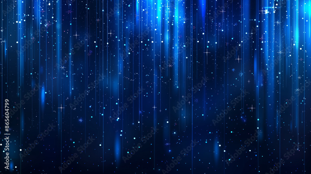 Blue vertical background with glowing stripes, light effect and stars. Vector illustration of abstract blue rain on a dark background for a design element, banner or cover.