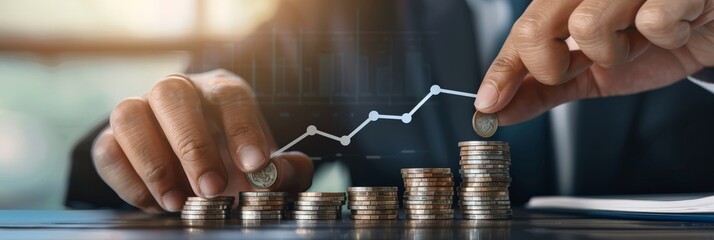 Poster - Close-up of hands stacking coins with a line graph overlay. Financial growth and investment planning background. Business strategy and economic success concept