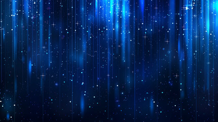 Poster - Blue vertical background with glowing stripes, light effect and stars. Vector illustration of abstract blue rain on a dark background for a design element, banner or cover.