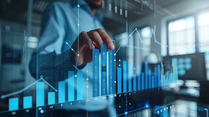 Fototapete - Business person analyzing digital financial data on a screen. Modern technology and financial analytics background. Data-driven decision-making and business intelligence