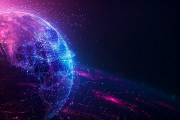 Poster - Digital technology background with digital globe, blue and purple colors, glowing dots in the form of planet earth on dark space background.