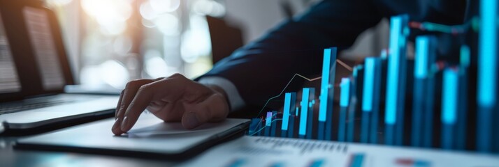 Fototapete - Business person reviewing financial charts on a digital screen. Financial analytics and modern business strategy background. Data analysis and economic planning