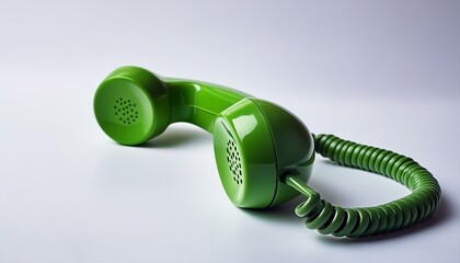 Green retro rotary telephone handset on white background; old communication technology, notification and information concept
