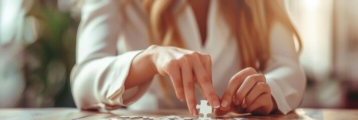 Poster - Woman solving a puzzle on a wooden desk. Business planning and strategy background. Creative approach to problem-solving and project management