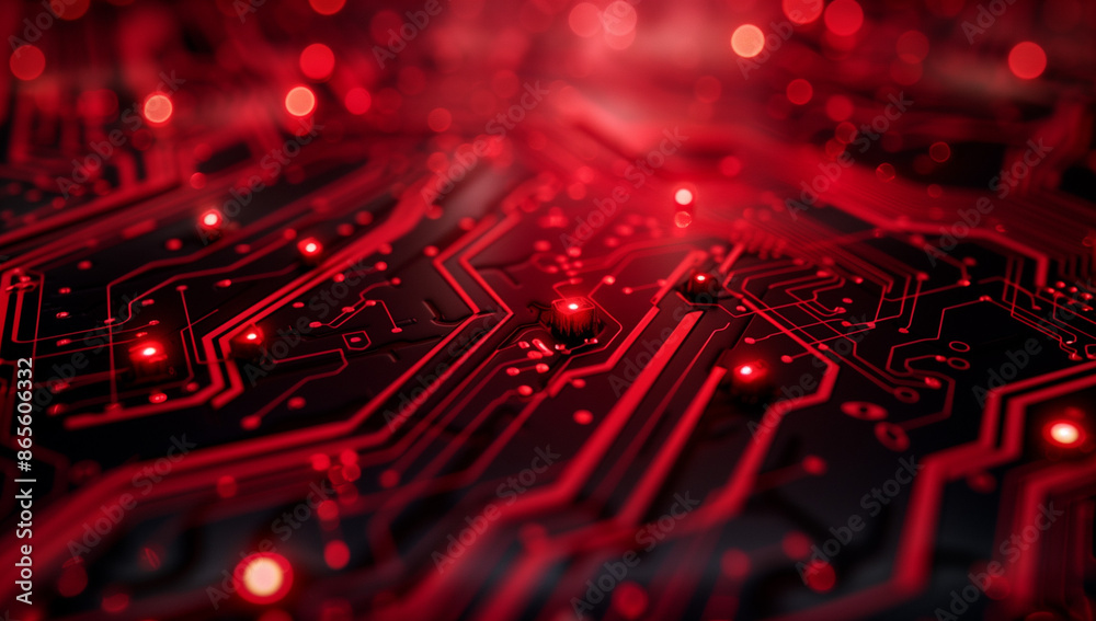 Red digital background with circuit board patterns and glowing lights ...
