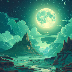 Wall Mural - a green and blue sky with a large moon in the middle. the moon is surrounded by clouds and the sky i