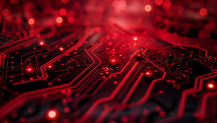Wall Mural - red digital background with circuit board patterns and glowing lights, creating an energetic tech-in