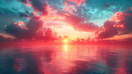 A beautiful sunset over the ocean with pink and blue clouds. The sky is filled with clouds and the sun is setting