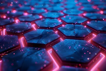 Wall Mural - Futuristic Hexagonal Grid with Neon Pink and Blue Lighting